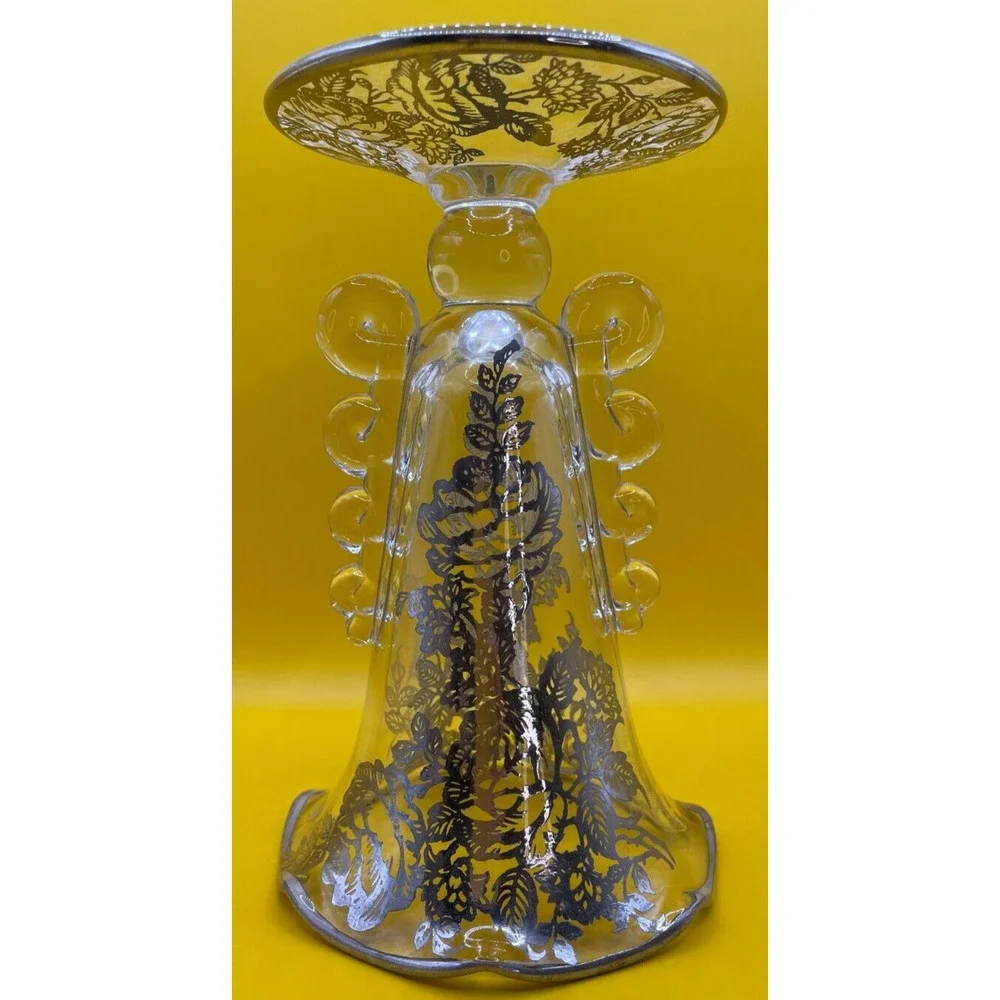 Vintage 1940s Heisey Glass Lariat Crimped Top Vase With Silver Overlay Roses
